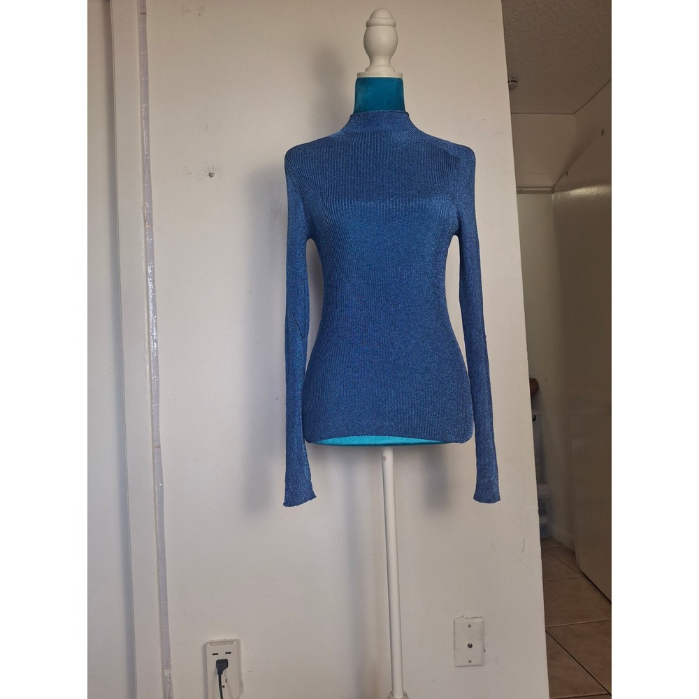 COS Womens Blue Metallic Ribbed Mock Neck Long Sleeve Knit Top XS CL 80035046